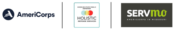 The AmeriCorps A logo, the Holistic Defense Services logo featuring three overlapping color circles, and the ServMO AmeriCorps in Missouri logo displayed side by side