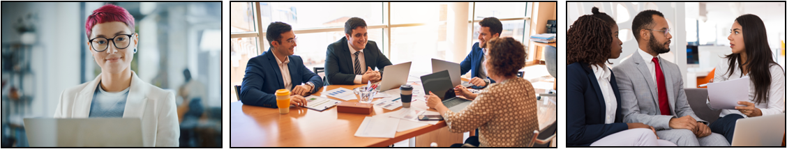 Graphic of three images: a white professional with pink hair smiling, a group of colleagues working together, and an attorney talking with clients