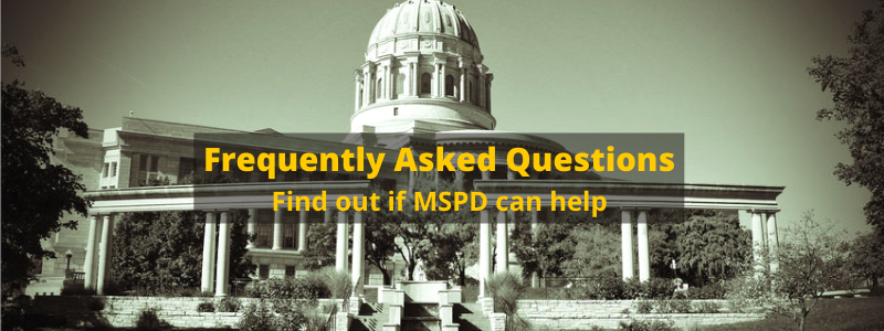 Black and white image of Missouri Capital in Jefferson City linking to MSPD frequently asked questions page